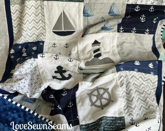 Nautical quilt/Lighthouse/Coastal Quilt/Shoreline quilt/lighthouse/Handmade quilt/Made in USA