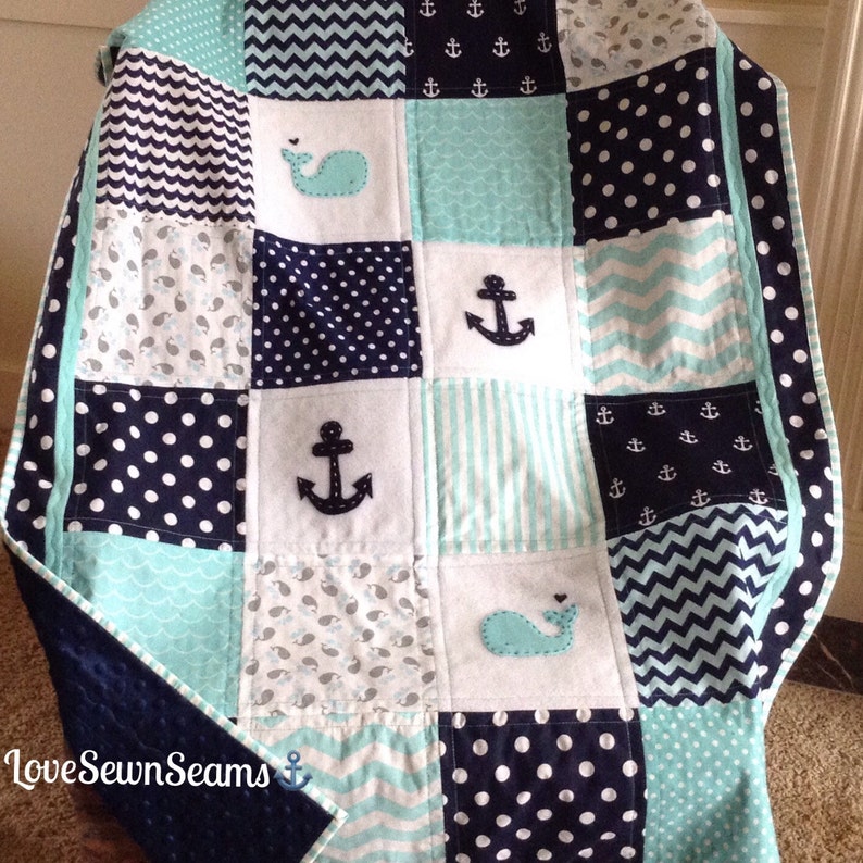 Nautical Crib quilt/COASTAL Quilt/Baby quilt/Nautical Baby Blanket/Nautical Crib bedding/Whale baby quilt image 4