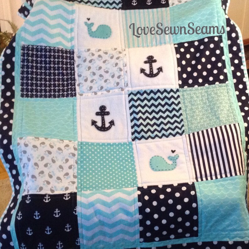 Anchor/whale Crib Size Quilt in Aqua Navy Gray Etsy