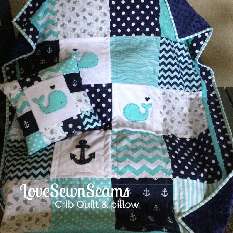 MADE to ORDER/Nautical Baby quilt/HANDMADE/Modern baby Quilt/Crib Bedding Crib Quilt & pillow
