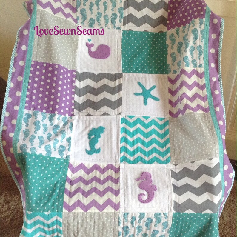 Mermaid Baby Quilt Nautical Girl Seahorse Crib Size Bedding