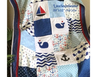 NAUTICAL QUILT/RED White and Blue Nautical Quilt/Baby Quilt/Handmade Quilt