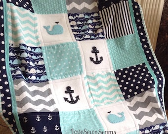 MADE TO ORDER/Nautical quilt/Coastal quilt/Whale quilt/Modern baby quilt/Crib quilt/Mini Crib quilt