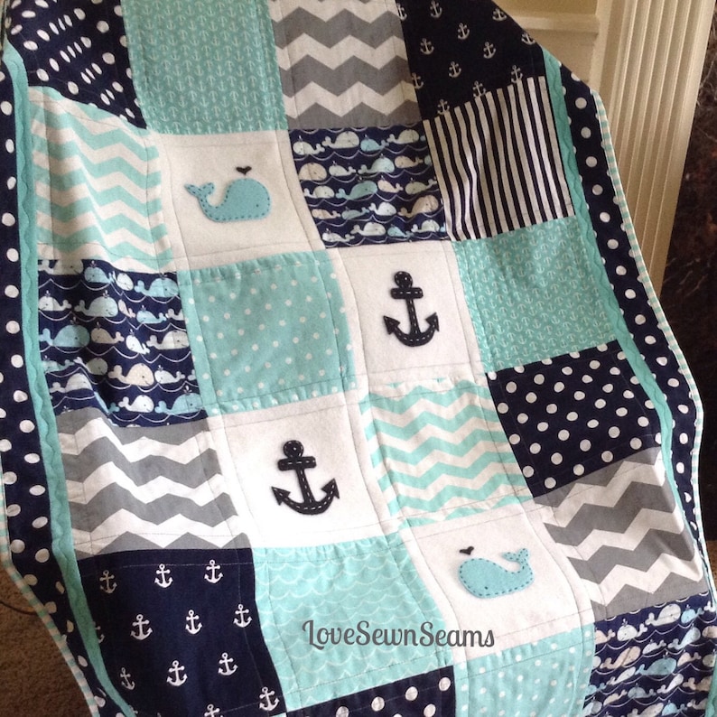 GRAY AQUA NAVY Crib Quilt/coastal Quilt/beach Theme Etsy