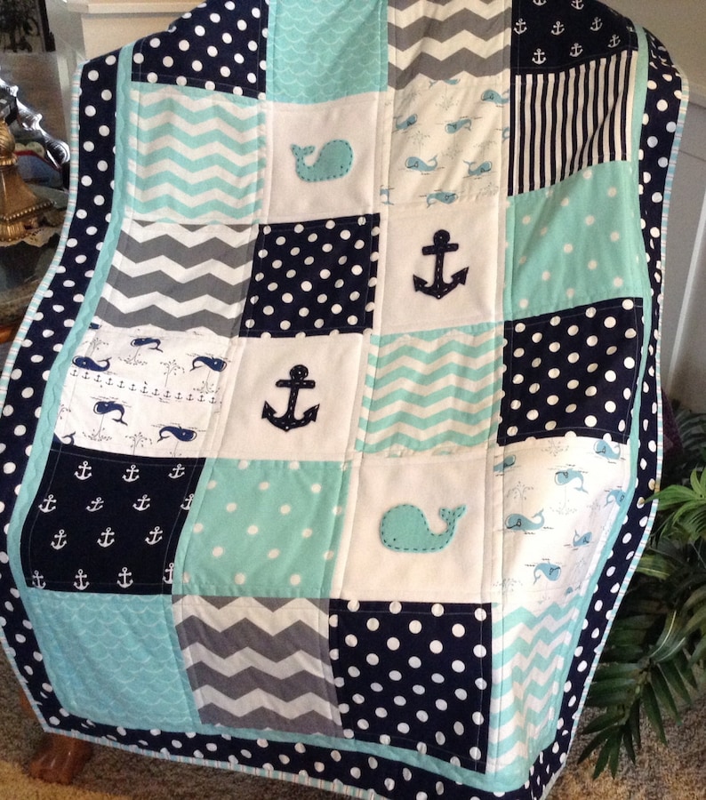 QUILT w SKIRT OptionBaby Quiltcrib size whaleanchor quiltmatching crib skirt w trim