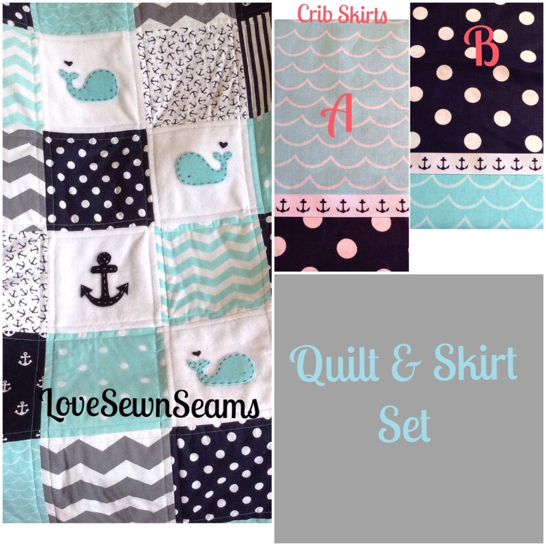 QUILT w SKIRT OptionBaby Quiltcrib size whaleanchor quiltmatching crib skirt w trim