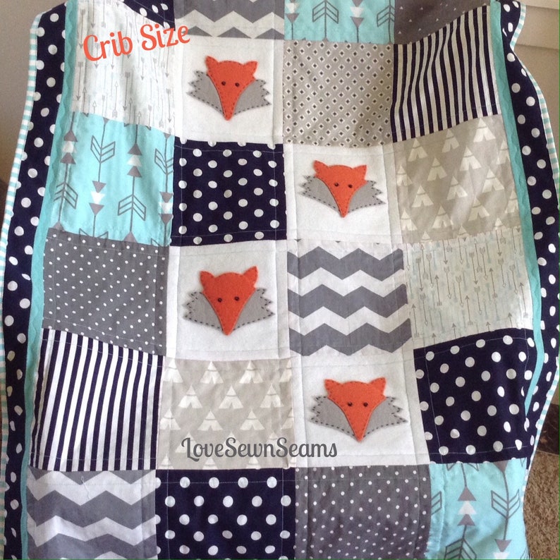 WOODLAND Crib Size Quilt/FOX Quilt/ Aqua Navy & Gray Woodland Etsy