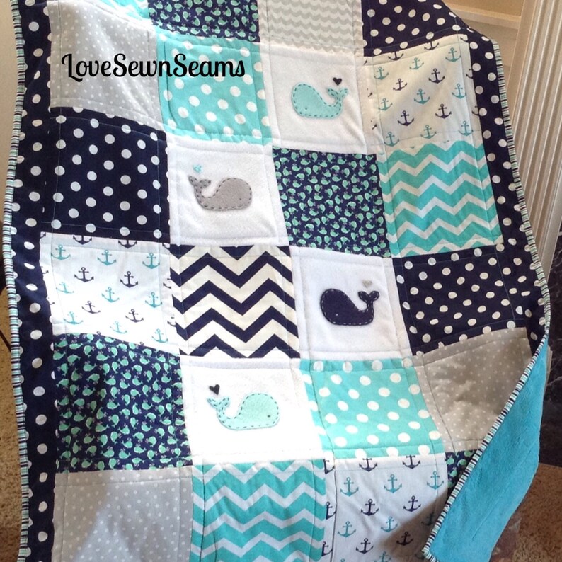 Nautical Baby Quilt/Modern Baby Quilt/Nautical Baby bedding LG CRIB QUILT W NAME