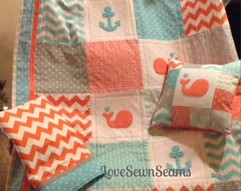 MADE TO ORDER/Coastal baby quilt/Nautical baby quilt/ Baby quilt/Crib size quilt/Nautical /Coral and Teal quilt
