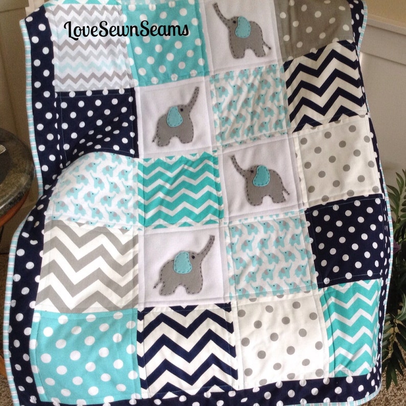 Elephant Quilt CRIB SIZE 38x52 Aqua Navy Teal Etsy Australia