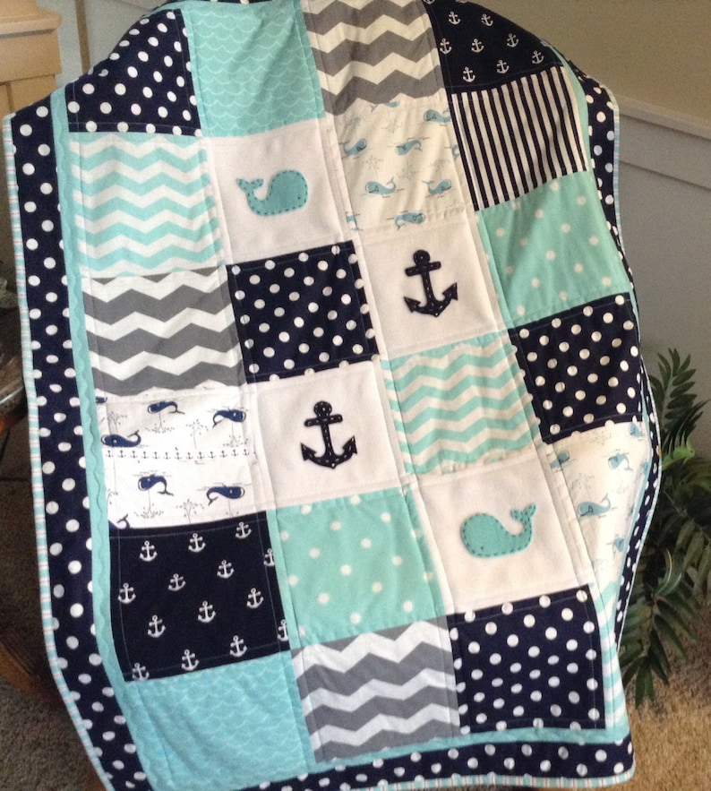 QUILT w SKIRT OptionBaby Quiltcrib size whaleanchor quiltmatching crib skirt w trim