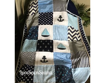 MADE to ORDER/Nautical Crib Quilt/Sailboat baby quilt/Handmade in USA/Nautical Boy quilt/Baby Quilt