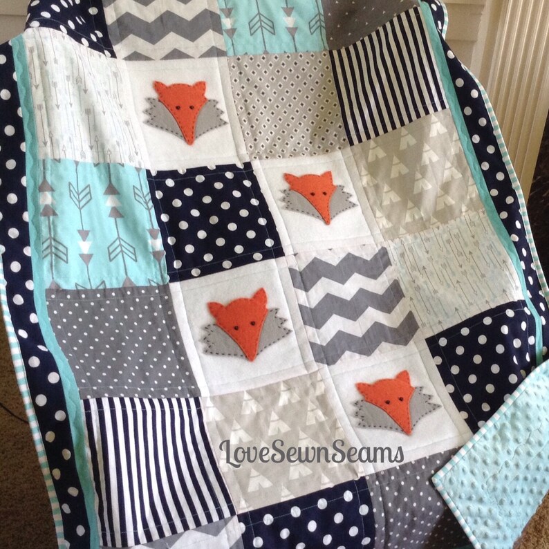 WOODLAND Crib Size Quilt/FOX Quilt/ Aqua Navy & Gray Woodland Etsy