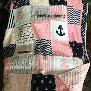 Seaside quilt/BABY Quilt/PINK NAUTICAL Quilt/Pink and navy quilt/Baby girl quilt/Handmade quilt