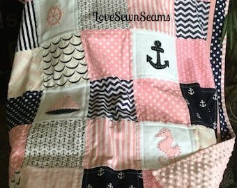 Seaside quilt/BABY Quilt/PINK NAUTICAL Quilt/Pink and navy quilt/Baby girl quilt/Handmade quilt