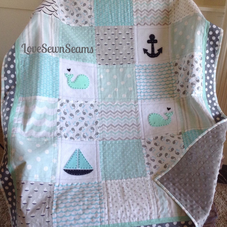 Mint Gray & Aqua Nautical Quilt/soft Nautical Quilt Etsy Canada