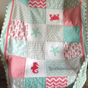 MADE TO Order/Seashore baby Quilt/MODERN Baby quilt/Seahorse/Crab/Starfish/Lovey/Made to order
