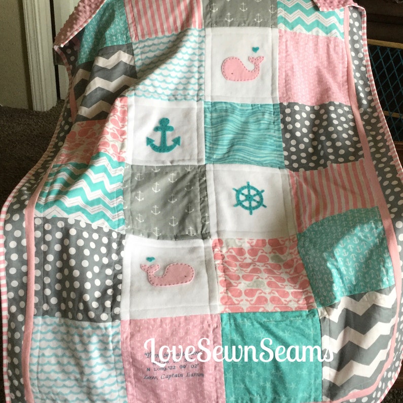 Nautical Baby Quilt/Handmade quilt/Coastal Baby Quilt/Teal and pink quilt/Baby Quilt image 2