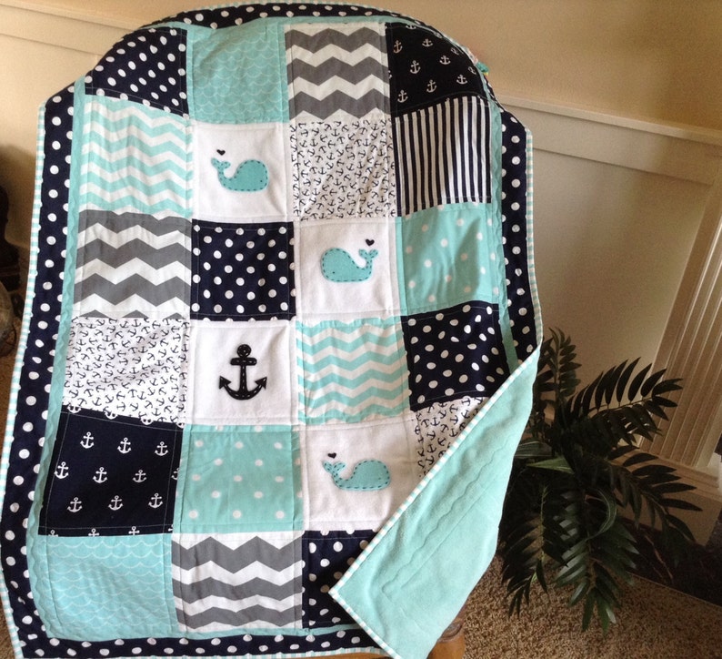 Anchor/whale Crib Size Quilt in Aqua Navy Gray Etsy