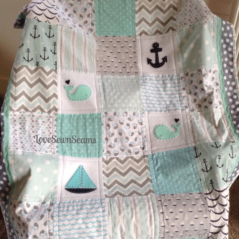 Mint Gray & Aqua Nautical Quilt/soft Nautical Quilt Etsy Canada