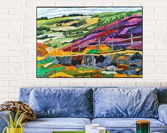 Quilt Wall Art 24x36 inches. Abstract Landscape. Fiber Wall Decor. Impressionist Collage Wall Hanging. Textile Art Quilt. Mounted on Canvas.