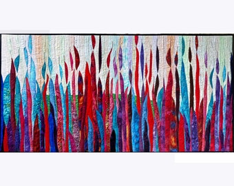 Quilt Wall Art. Fantasy Garden 24x48 inches Fiber Wall Decor Art. Abstract Landscape Quilt Art. Art Quilt. Framed Wall Hanging.