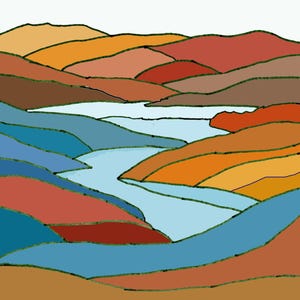 Puede incluir: Ilustraci&oacute;n abstracta de un paisaje con colinas en tonos naranja, rojo, marr&oacute;n y azul. Un r&iacute;o azul claro serpentea por la escena, con contornos verdes que definen las formas. La obra de arte tiene un estilo gr&aacute;fico simple.