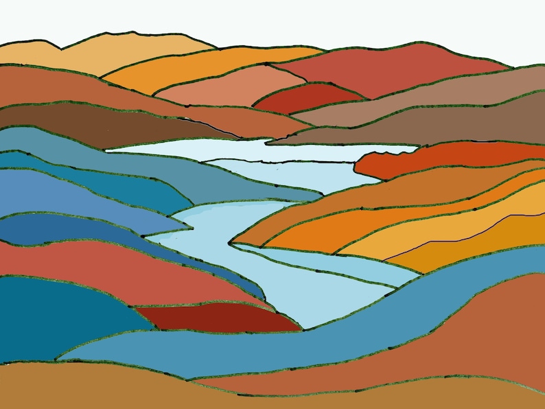 Puede incluir: Ilustraci&oacute;n abstracta de un paisaje con colinas en tonos naranja, rojo, marr&oacute;n y azul. Un r&iacute;o azul claro serpentea por la escena, con contornos verdes que definen las formas. La obra de arte tiene un estilo gr&aacute;fico simple.