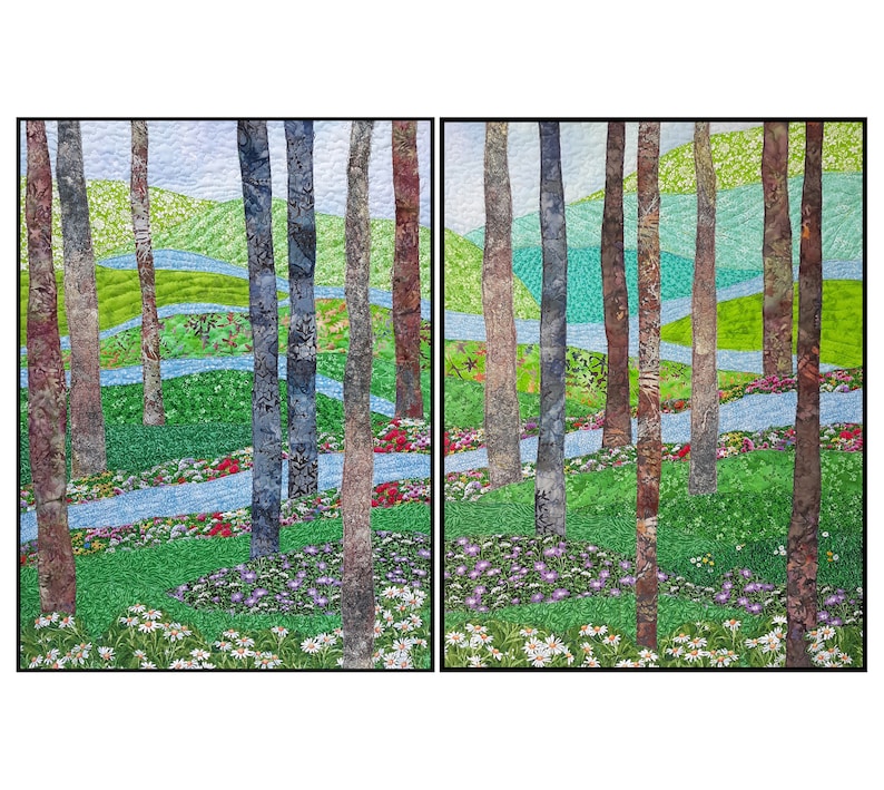 May include: A colorful quilt depicting a forest scene with a winding blue stream, green trees, and a variety of flowers in shades of pink, purple, and white.