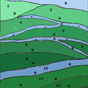 May include: A stylized illustration of a landscape with a blue sky, green hills, and a winding river. The image is divided into 13 sections, each labeled with a number and an 'X'.