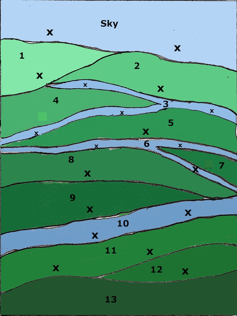 May include: A stylized illustration of a landscape with a blue sky, green hills, and a winding river. The image is divided into 13 sections, each labeled with a number and an 'X'.