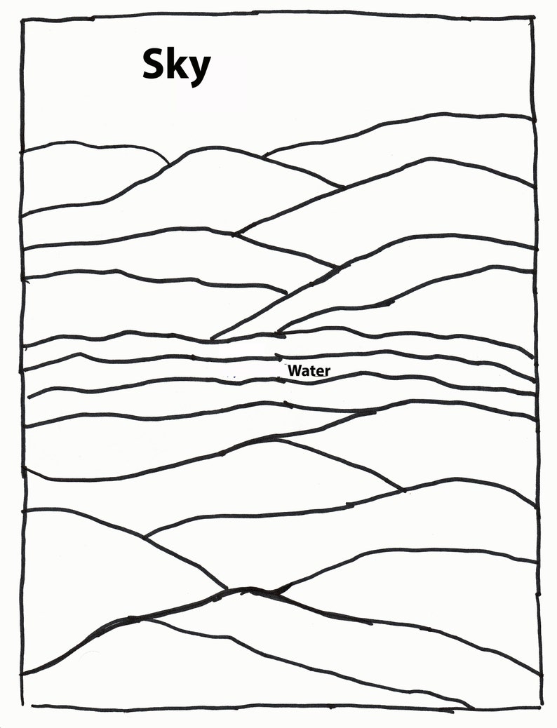 May include: A black and white line drawing of a landscape with rolling hills and the word "Sky" at the top and the word "Water" in the middle of the image.
