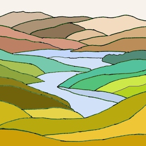 Puede incluir: Ilustraci&oacute;n de paisaje abstracto con colinas onduladas y un r&iacute;o sinuoso. La obra de arte utiliza una paleta de tonos terrosos, incluyendo marrones, verdes y amarillos, con un r&iacute;o azul claro. El estilo recuerda a una pintura de acuarela.
