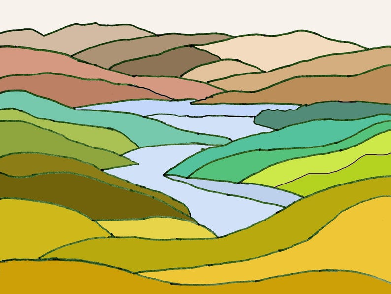 Puede incluir: Ilustraci&oacute;n de paisaje abstracto con colinas onduladas y un r&iacute;o sinuoso. La obra de arte utiliza una paleta de tonos terrosos, incluyendo marrones, verdes y amarillos, con un r&iacute;o azul claro. El estilo recuerda a una pintura de acuarela.
