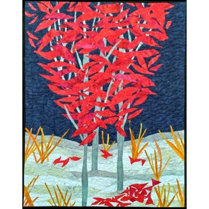 Winter Red Maple. 22x28 inches. Landscape Quilt Art. Fiber Wall Decor Art. Collage Textile Art. Art Quilt. Canvas Mounted Wall Hanging.