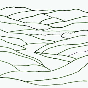 Puede incluir: Dibujo lineal de un paisaje con colinas onduladas y un r&iacute;o sinuoso. Las colinas est&aacute;n delineadas en verde oscuro sobre un fondo blanco. El r&iacute;o tambi&eacute;n est&aacute; delineado en verde oscuro.