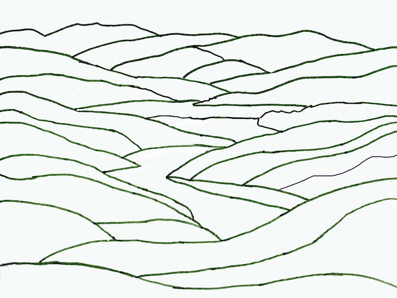 Puede incluir: Dibujo lineal de un paisaje con colinas onduladas y un r&iacute;o sinuoso. Las colinas est&aacute;n delineadas en verde oscuro sobre un fondo blanco. El r&iacute;o tambi&eacute;n est&aacute; delineado en verde oscuro.