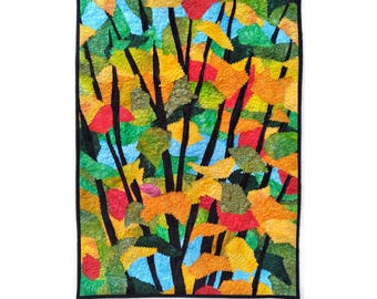 Fall Leaves Quilt Art Wall Hanging, Textile Collage (18 x 24 inches)