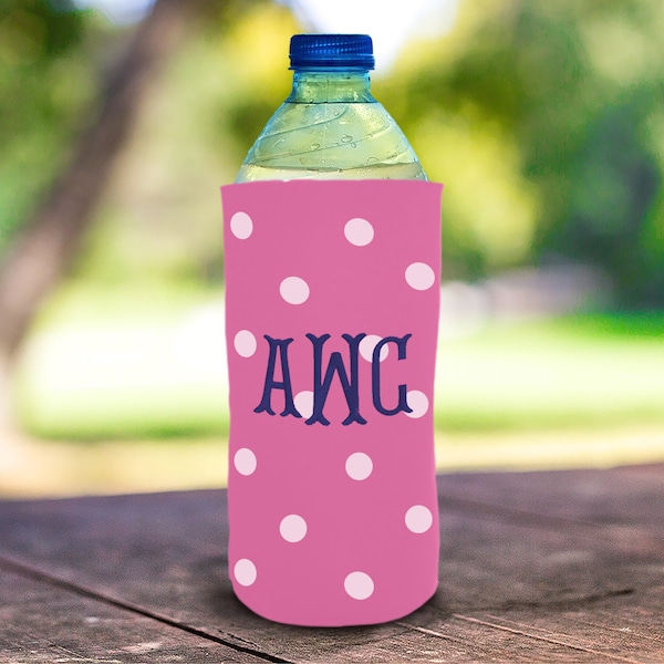 Polka Dot Print Water Bottle Cozie Pink | Neoprene Water Bottle Sleeve Pink | Embroidered Polka Dot Prink Water Bottle Koolie | Drink Cooler