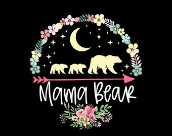 Mothers Day Gifts Mama Bear With 2 Cubs Cute Flower Circle Digital PNG