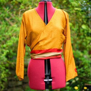 Mustard yellow and red, abstract peacock print, multi-way, wrap crop top, boho tie top, made from recycled sari material