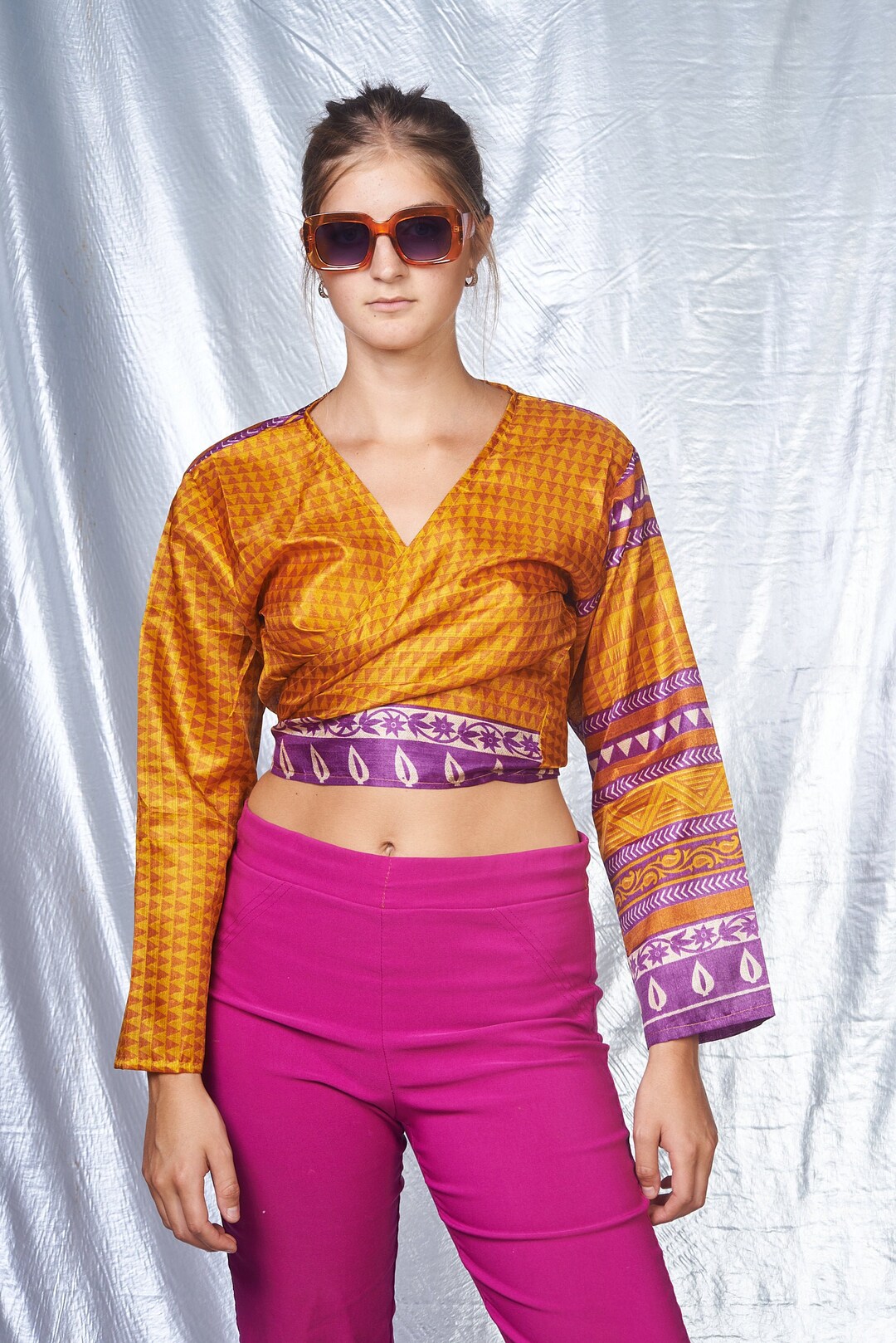 Wrap Crop Top/ Tie Front/ Long Sleeve/ Gold and Purple/ Etsy