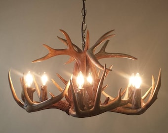 May include: A rustic chandelier made from antlers with six light bulbs. The chandelier is made of natural materials and has a warm, inviting feel.