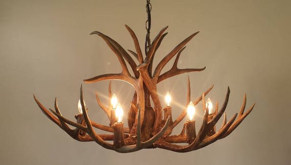 32-34" Dia. 6 Light + Down-Light / "REAL" Mule Deer Antler Chandelier (17-18" Height)