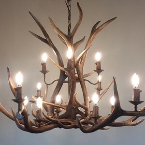 68-70&quot; Dia. 16 Lights + Down-Light Elk Antler Chandelier  (36-42&quot; Height)