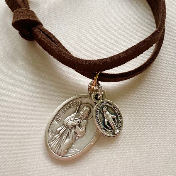 Camino de Santiago Bracelet, Miraculous Medal Bracelet; Faux Leather w/ Leaf Toggle.