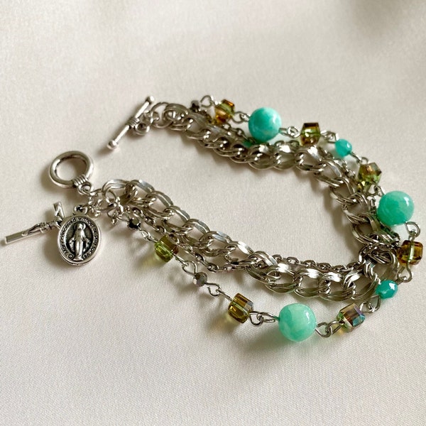 Joy of the Just - Miraculous Medal Bracelet w/ Turquoise-colored & Green Crystal Beads, Crucifix; Marian Devotional Bracelet.