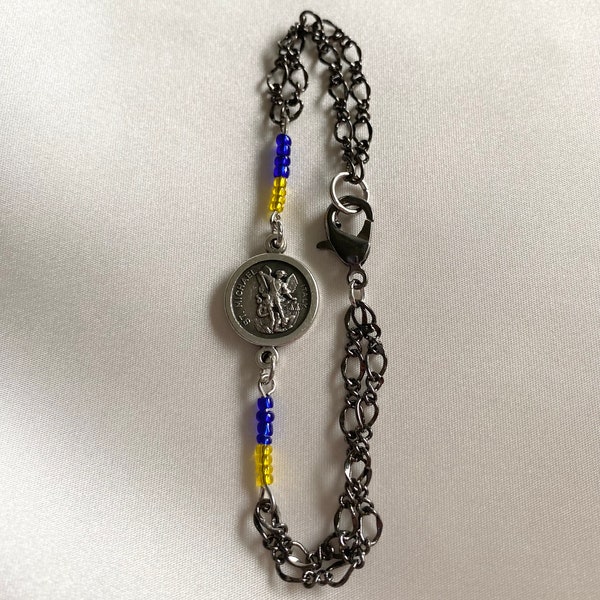 Saint Michael/Guardian Angel Chain Bracelet, Pray for Ukraine Beaded Flag; Spiritual Warfare; Gunmetal-Plated Chain, Unisex w/Lobster Clasp.