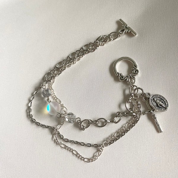 Our Lady of the Snows - Triple-Strand, Silver Beaded Bracelet w/Miraculous Medal, Silver Toggle Clasp; Marian Devotional Bracelet.