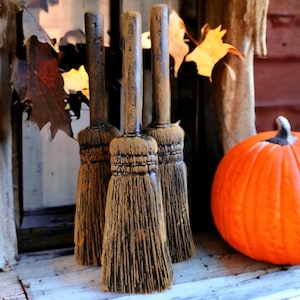 3 WITCH BROOMS, Blackened Beeswax, Black Wax, Broom, Halloween, primitive, Rustic. decor, farmhouse, Christmas, vintage, Pantry, folk art.
